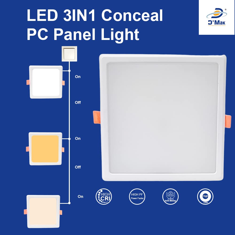 D’Mak 22 Watt Square PC LED Conceal Panel Ceiling Light for POP False Ceiling, Poly Carbonate Material, LED Light with Chip for Living Room, Bedroom and Hall (3IN1 (WH,WW.NWH), 8) 2