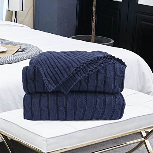 Uxcell 100% Cotton Knitted Throw Blanket For Sofa And Couch Soft Lightweight Cable Knit Blanket Home Decorative Blanket, Navy Blue 47" X 70" #TOP7