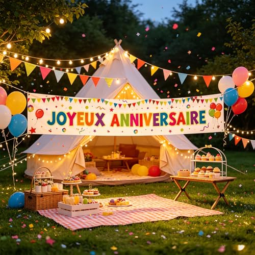 Banderole Joyeux Anniversaire 300 x 50 cm, Banderole Anniversaire Colorée pour Jardin Intérieur Extérieur, Banniere Joyeux Anniversaire Réutilisable, Happy...