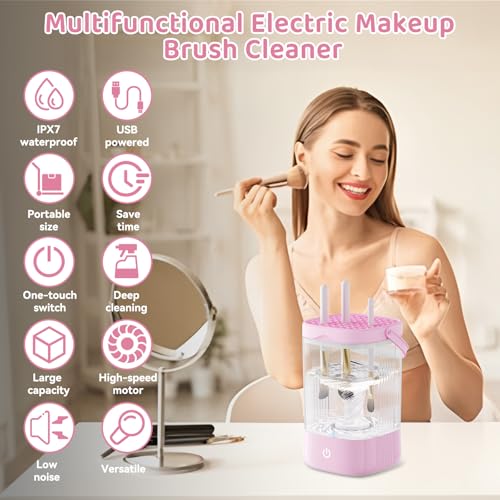 Makeup Brush Cleaner, Electric Makeup Brush Cleaner, Deep Cleansing Brush/Sponge, Compatible with Multiple Sizes (5-35mm), IPX7 Waterproof and Silent, Home/Travel Portable Cleaner Set (Pink) - Image 3