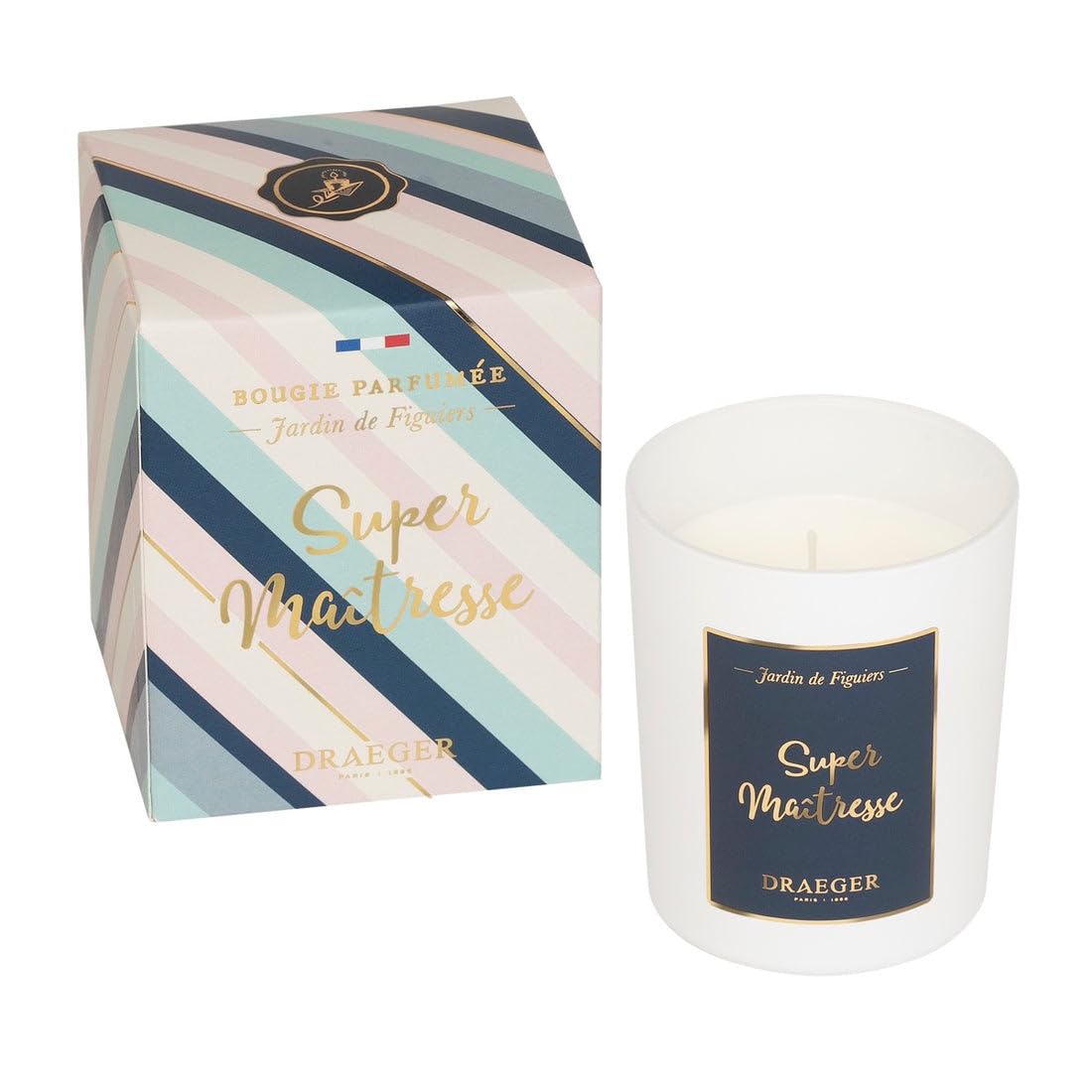 DRAEGER Paris | White Candle Super Maîtresse | Fig Garden Fragrance | End of Year Gift, School, Kindergarten | Gift Thank You | Glass Jar | Made in France | 100% Vegetable Wax