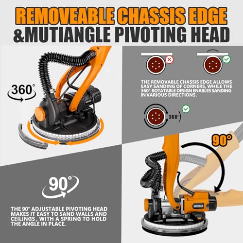 Drywall Sander, 1050W Electric Drywall Sander with Vacuum Dust Collection, 2100RPM Wall Sander with 7 Variable Speed, Foldable & Extendable Handle, Double-Deck LED Light, Dust Bag and Hose