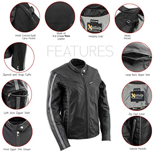 Xelement B7065 Women’s ‘Silver Fox’ Black With Silver Multi Vented Leather Motorcycle Jacket - Large #TOP3