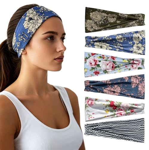Image of Headbands for Women - 6 Pack Wide Elastic Hair Bands | Stretchy Sweatbands Hair Bands | Soft Sports Thin Head Bands | Non-Slip Accessories Bands for Fashion, Washing Face, Workouts, Yoga, Daily Use