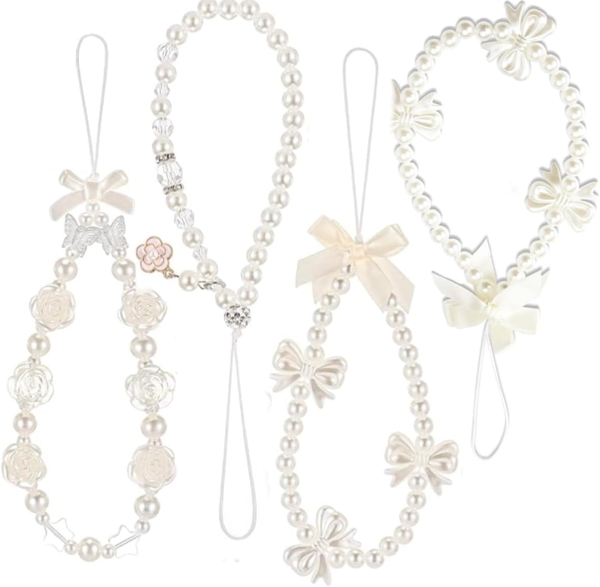 4pcs Phone Charms Strap, 4 Styles Butterfly Bow Knot Pearl Phone - View #9