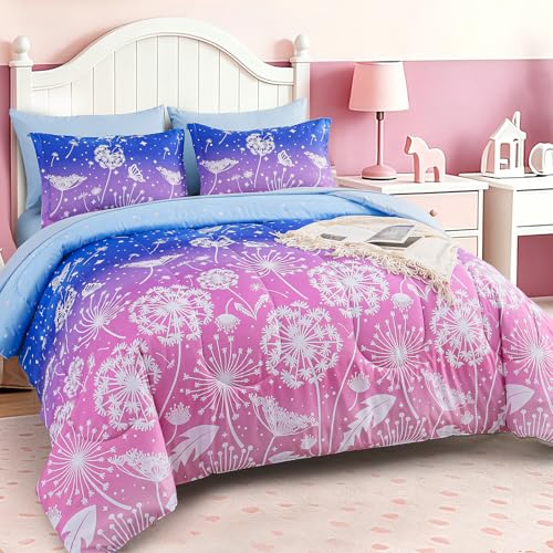 Image of Dinjoy Girls Comforter Set 7 Pieces, Full Size Colorful Ombre Rainbow Bedding Set, Bed in A Bag for Kid Teen Girls (1 Comforter, 1 Flat Sheet, 1 Fitted Sheet, 2 Pillow Shams, 2 Pillowcases)