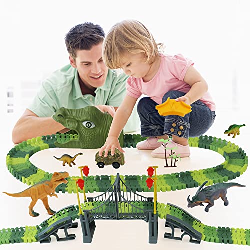 Image of IQKidz Dinosaur World Race Track Toys - 216pcs Flexible Track Playset with 1 Dinosaur Car, 1 Race Car, 6 Dino Toys, for Kids 3 4 5 6 Year & Up Old (Boys and Girls)