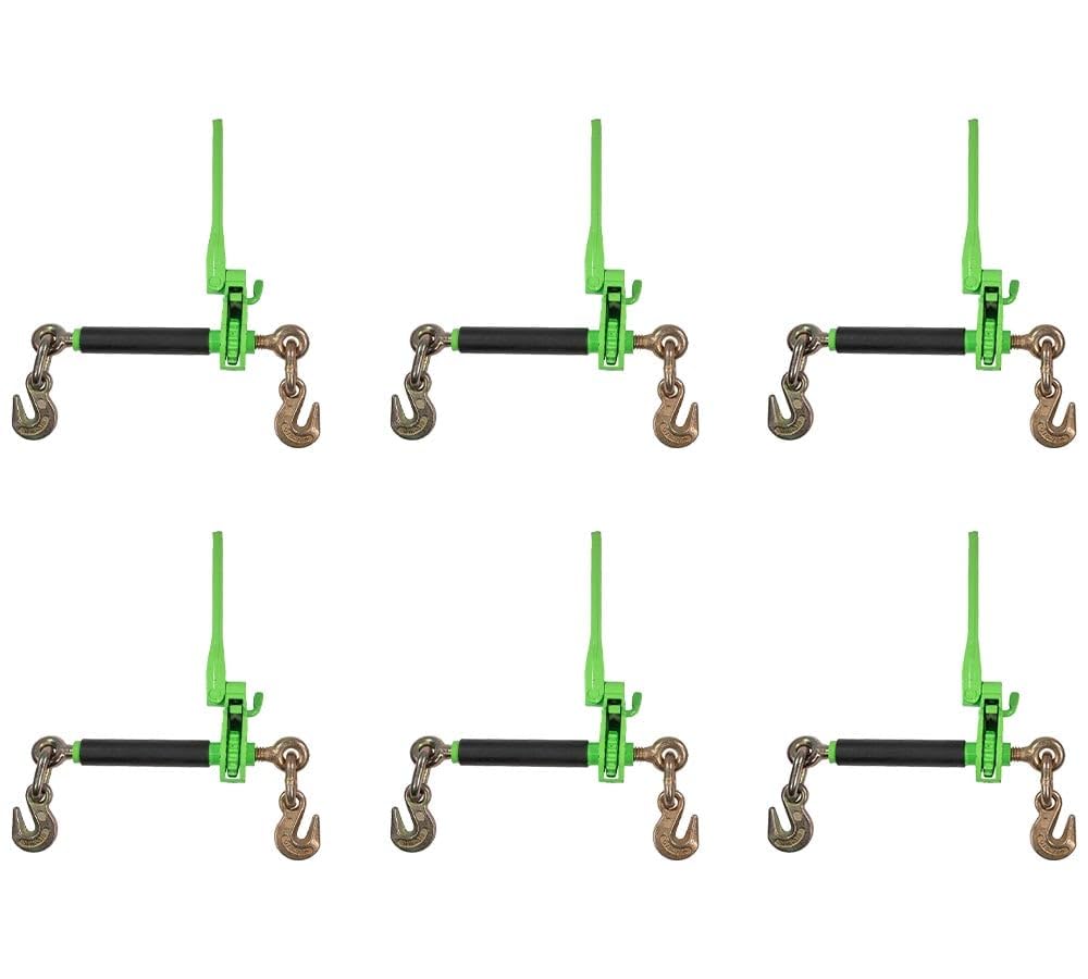 Mytee Products (6 Pack) 5/16" - 3/8" Hi-Viz Green Heavy Duty Folding Handle Ratchet Load Binder w/Grab Hook 7,100 lbs WLL | Tie Down Hauling Chain Binders for Flatbed Truck Trailer
