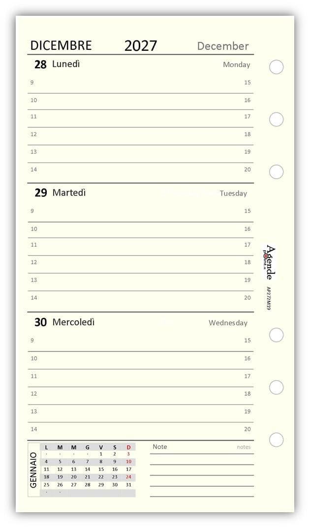 Ricambio Agenda Organizer Settimanale 2027, Bilingue, 9,5x17cm, 90gr, Avorio
