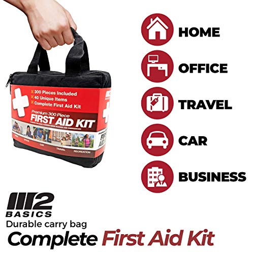 M2 BASICS 300 Piece (40 Unique Items) First Aid Kit | Premium Emergency Kits | Home, Camping, Car, Office, Travel, Vehicle, Survival
