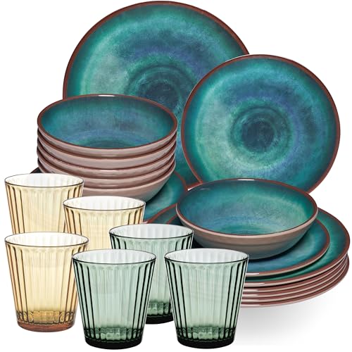 Melamin Geschirr Set Jesolo Grün für 6 Personen - 24 Teile - mit farblich passenden Trinkgläsern 360ml aus Acryl - Steingutoptik - Essgeschirr Campingzubehör Campinggeschirr Wohnwagen Camping