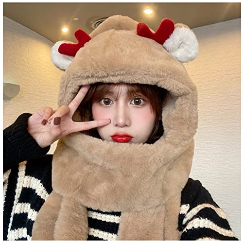 Women Girls Lovely Cartoon Animal Ears Hat Scarf Gloves 3-in-1 Set Plush Winter Warm Hoodie Hat with Scarf Pocket Mitts4