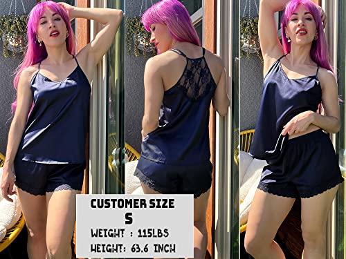 Image of Ekouaer Satin Pajamas Women Lace Sleepwear Lingerie Cami Shorts Set Nightwear XS-XXL