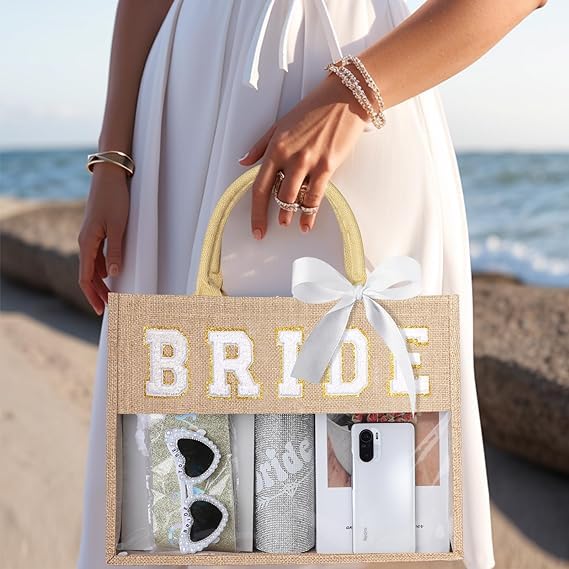 JUSTOTRY 1 pcs Bride to Be Tote Bag Beige,Semi-Transparent Hen Do Bag for Hen Party Accessories,Tote Bag Hen Party for Bride To Be Decorations and Engagement Party Gifts - Image 2