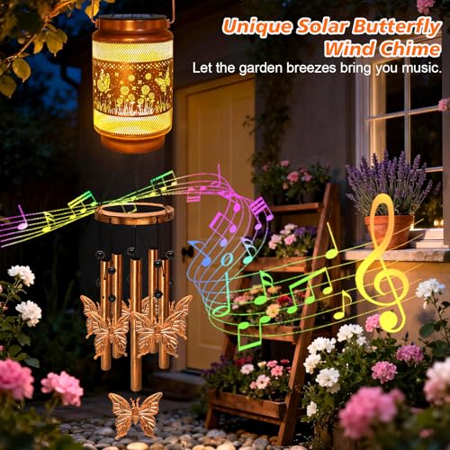 Image of 2 Pack Butterfly Solar Wind Chimes for Outside, Gifts for Mom Women Grandma Birthday Memorial Teacher, 32 inch Windchimes Outdoor Decor Hanging Solar Lantern for Garden Porch Patio Backyard