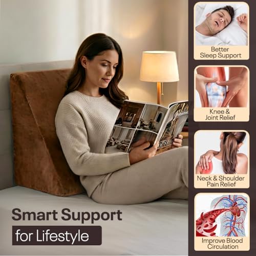 Image of Orthopedic Adjustable Wedge Pillow with Memory Foam & Headrest for Back Support, Leg Elevation, Acid Reflux, GERD, Snoring Relief - 7 Inclines - Soft Washable Cover - Brown (56 x 53 x 38 CM)