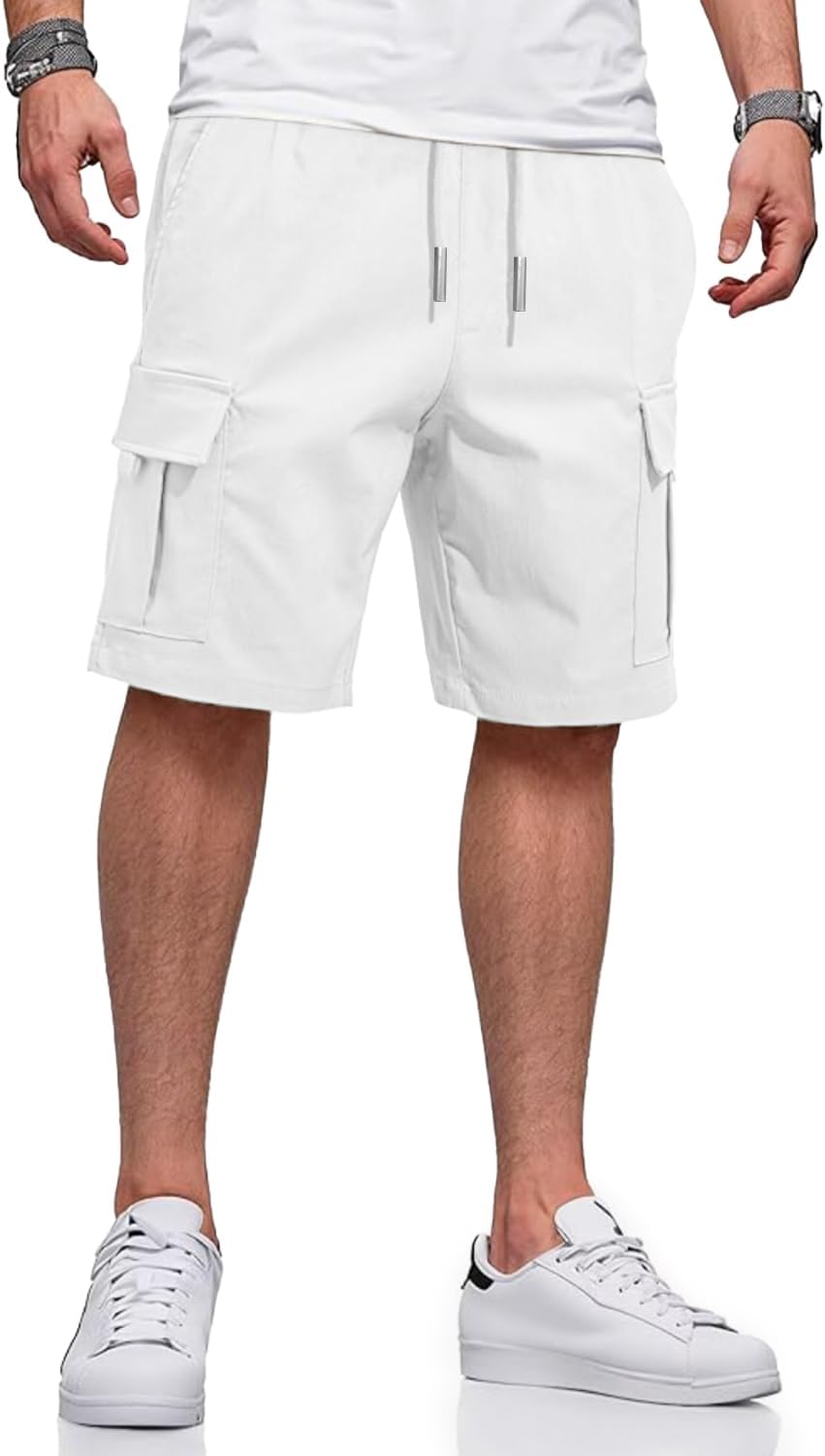 HUNGSON Mens Cargo Shorts Drawstring Classic Chino Stretch 9" Inseam Short with 6 Pockets