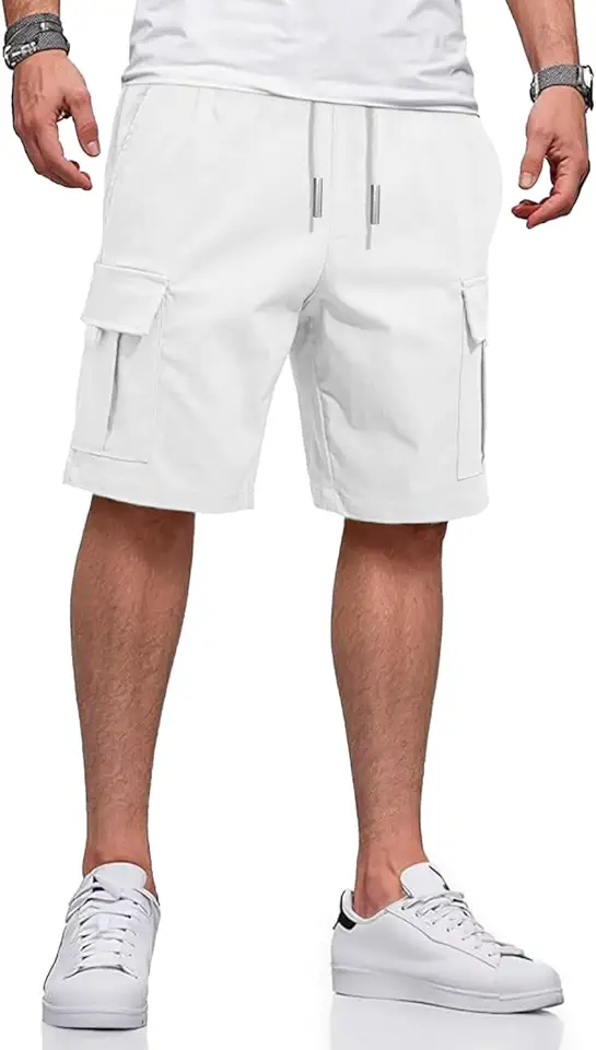 HUNGSON Mens Cargo Shorts Drawstring Classic Chino Stretch 9" Inseam Short with 6 Pockets