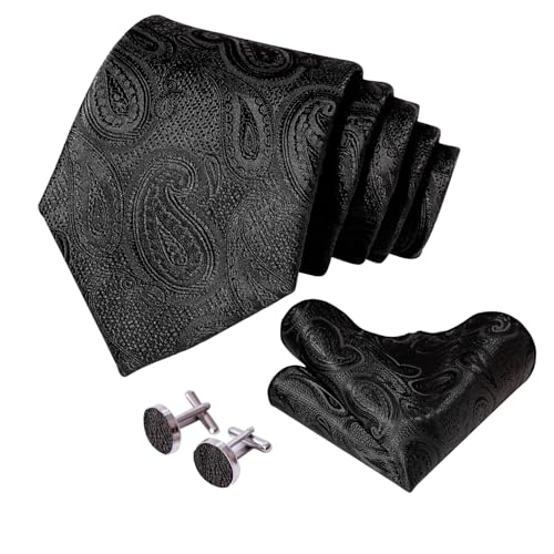 Image of 5PCS Mens Silk Designer Tie, Pocket Square, Cufflinks, Drilled Tie Ring and Lapel Pin Set for Wedding Groom Party