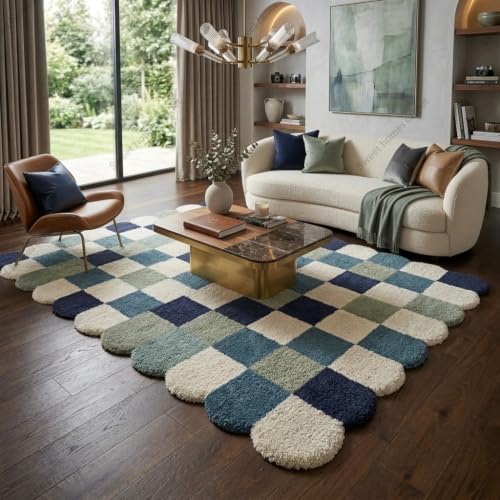 Image of SWEET HOMES Handwoven Shaggy Checkered Area Rug | Ultra Soft Plush Irregular Carpet with Anti-Skid, 6 x 10 Feet (183 x 305 cm), Multi Blue