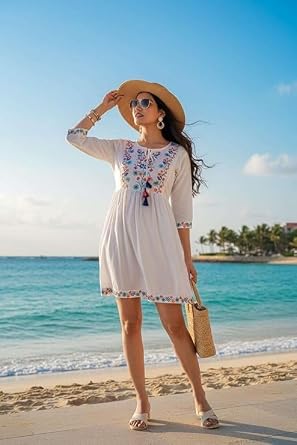 Women's Cotton Embroidered Indian Short Kurti | A-LineTunic Top | Boho Ethnic Casual Party & Festive Wear