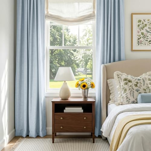 Image of 100% Blackout Shield Chambray Blue Linen Blackout Curtains for Bedroom 84 Inches Long, Back Tab /Rod Pocket Living Room Drapes, Thermal Insulated Blackout Curtains 2 Panels Set, 50 inch W x 84 inch L