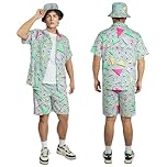 AYBUY 80s 90s Outfit Retro Button Shirts, 3Pcs Hip Hop Costume Outfit Set for Adults, Disco Theme Party Shirts with Hat for Beach Party, Music Festivals, Masquerade (M)
