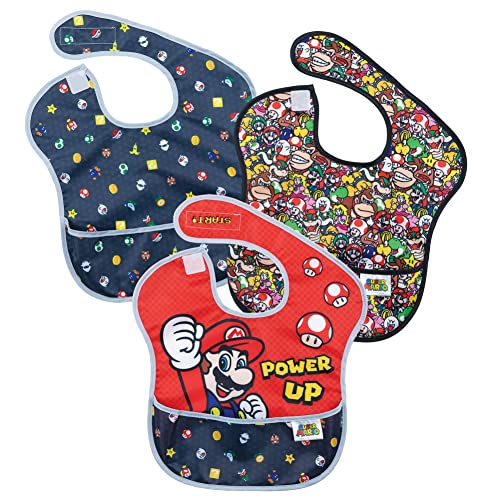 Bumkins Nintendo Bibs for Girl or Boy, SuperBib Baby and Toddler 6-24 Months, Essential Must Have for Eating, Feeding, Baby Led Weaning, Mess Saving Waterproof Soft Fabric, 3-pk Super Mario Power Up