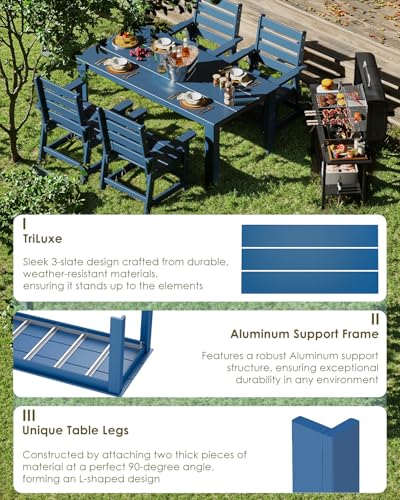 Image of GREENVINES Outdoor Dining Table | 67'' | HDPE | Rectangle Tables for 6 | All-Weather | Umbrella Hole | Patio Furniture | for Poolside Backyard Garden | Blue