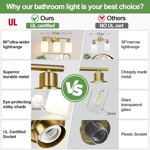 Image of Zarbitta 3-Light Bathroom Light Fixtures, Brushed Gold Vanity Light, Farmhouse Wall Lights with Milky White Frosted Glass Shades, Bathroom Wall Lamp for Mirror Kitchen Bedroom Hallway Living Room