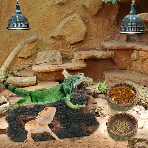 Dexspoeny 3Pcs Reptile Hide Cave Small Lizard Reptile Food&Water Bearded Dragon Bowls Accessories,Natural Resin Hollow Tree Trunk Hideout,Hermit Crab Supplies Trunk Snake Gecko Frogs Fish Tanks Decor