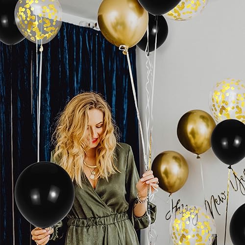 Image of Black and Gold Balloons Kit, 12 Inches Metallic Gold Balloons Confetti Balloon and Black Balloons with Ribbon for Birthday Graduation New Year Decorations.50Pcs
