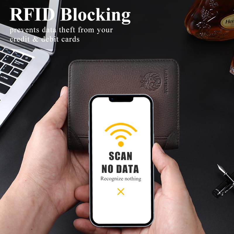 Slim Bifold Wallet for Men Genuine Leather RFID Blocking with 2 ID Windows 9 Card Slots, Brown4