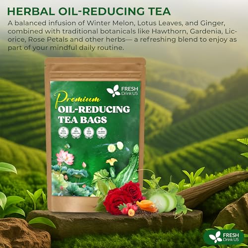 Image of FreshDrinkUS, Oil-Reducing Herbal Tea - 75 Tea Bags | Blend of Winter Melon, Lotus Leaf, Ginger, Hawthorn, Gardenia Fruit, Rose, Cassia Seed & More | Naturally Caffeine-Free | Delicious Hot or Iced