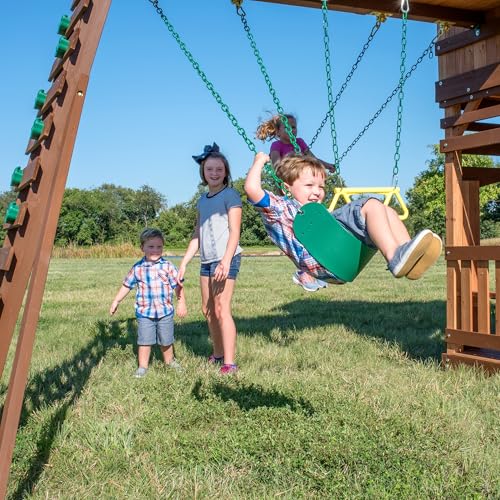 Backyard Discovery Woodridge Elite Cedar Wood Swing Set with Wave Slide, Clubhouse, Crawl Tunnel, Crow's Nest, Belt Swings, Trapeze, Rock Wall Ladder, Sandbox, Wrap-Around Porch, Deck, Outdoor Playset - image 7