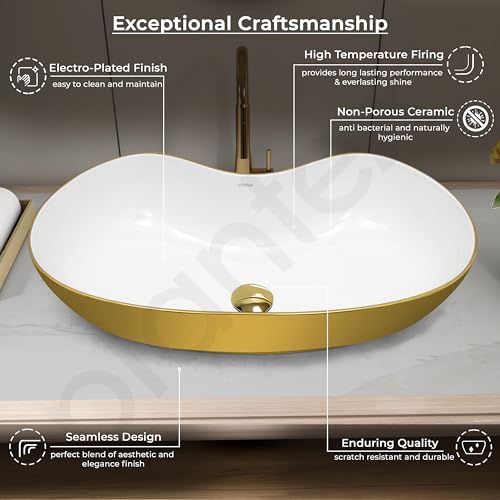 Image of Plantex Ceramic Wash Basin for Bathroom /Table Top Washbasin /Designer Countertop Basin for Bathroom /Restaurants /Hotel (White&Gold - 24.5 x 13 x 5.5 Inch)