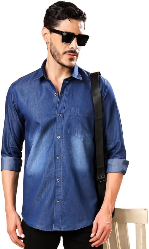 Men's Regular Fit Solid Soft Denim Cotton Casual Shirt with Pocket | Denim Shirt for Man Spread Collar & Full Sleeves