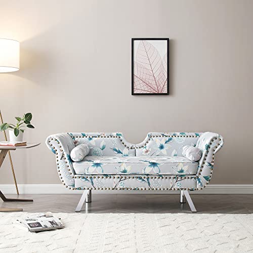 Holaki 61"Velvet Loveseat,Upholstered Chesterfield Sofa With 2 Round Pillows,Mid Century Modern Settee Love Seat With Nailhead Trim Curved Backrest Roll Arm,Metal Leg,Small Sofa For Livingroom(Flower) #TOP1