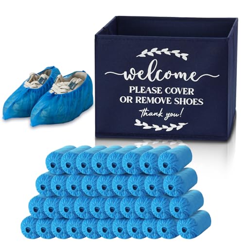 Suzile 200 Pack Disposable Shoe Covers with Dispenser Box Waterproof Disposable Non Slip Shoe Booties Foot Covers with Storage Box for Guests Indoor Open House Supplies(Dark Blue)