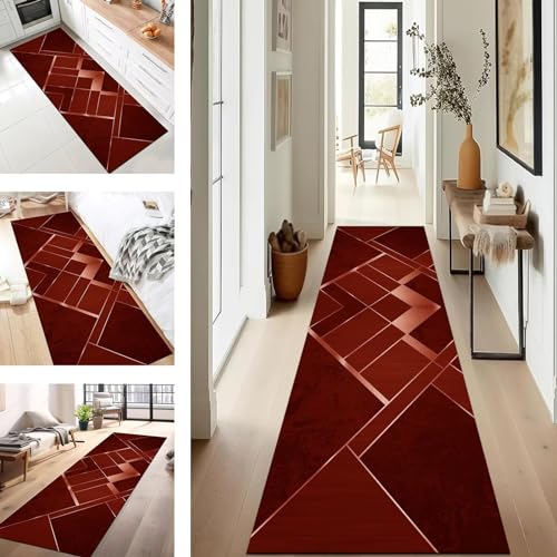 Tapis géométrique rouge et argenté moderne de 90 x 250 cm - 2
