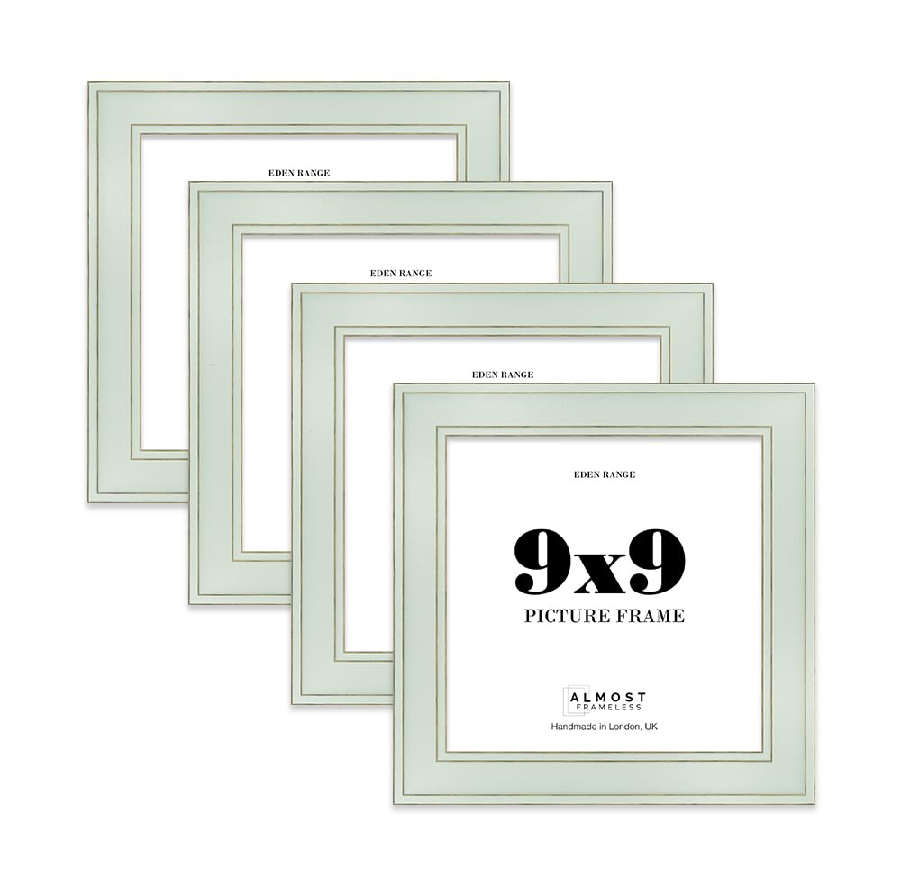 9x9 Sage Green Picture Frame - Shabby Chic Photo Frame with Distressed Finish, Gold Trim, Wall Hooks and Kickstand, 37mm Edge - 4 Pack