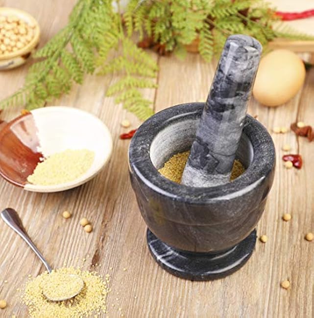 Mortar and Pestle Marble Set for Spices Pestos Seasonings Pastes Guacamole Bowl Herb Grinder Easy to Clean Included:Silicone Mat,Brush,Stainless Steel Spoon 4.33inch(Small,Black Gray)