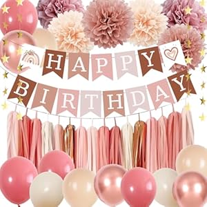 Birthday Decorations for Women, Retro Blush Pink Party Balloons Boho Happy Birthday Banner Paper Pompoms Tassel Garland, Neutral Rustic Birthday Party Décor Supplies Girls Boys Adults