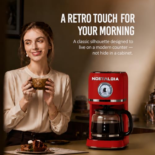 Image of Nostalgia Classic Retro 10 Cup Coffee Maker - One-Touch Drip Brew, Reusable Filter - Anti-Drip, Auto Shutoff, & Time Display - Dishwasher Safe 50 oz Carafe - Red