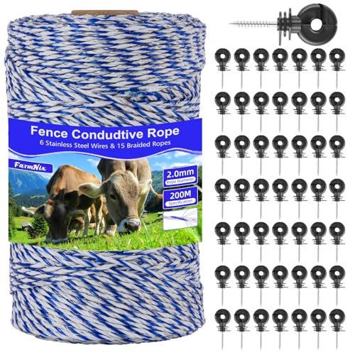 200 m Cordon pour clôture électrique conducteur, avec Support Universel, 50Pcs isolateur annulaire pour clôture électrique cordes, fils et brins, Vert Fil...