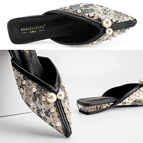 Hxlber Women's Mules Rhinestone Pointed Toe Flat Mule Shoes Pearl Backless Slides Comfortable Slip On Mules Womens Loafer Mules And Slides Black Size 7.5 #TOP3