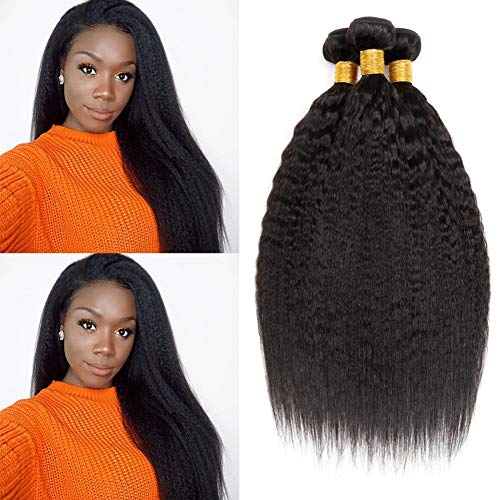 Clarolair Brazilian Kinky Straight Hair Weave Yaki Hair Bundles Coarse Yaki Human Hair Bundles Yaki Straight Hair Extensions Non Remy Hair Natural Black Color 95g±5g/Bundle 10 12 14