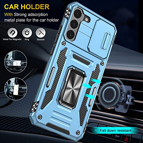 Image of Slide Camera Cover with Ring Holder Mobile Phone Case Cover for Samsung Galaxy S22 Plus / S22+ (Blue)