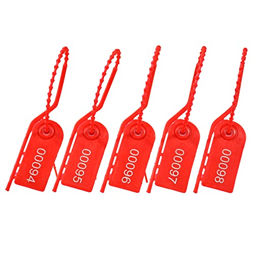 100 Plastic Security Seals Secure Anti-Tamper Fire Extinguisher Tags Numbered Zip Ties Inspection Tags Breakaway Label Tags Pull Tite Safey Tags for Bags, Clothes (Red)