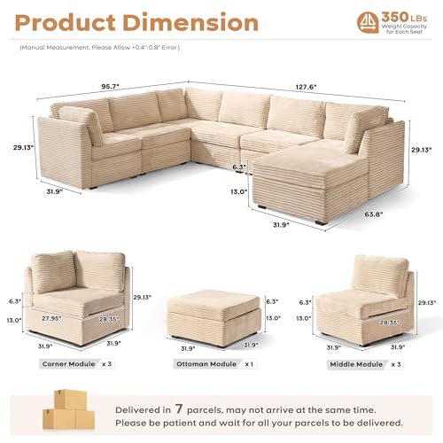 Image of ovios Modular Sectional Sofa Couch with Sofa Bed U-Shape Chaise, Comfy Plush Corduroy Cloud Couches, Modern Luxury Deep Seat Sofas Set for Living Room, 7-Seater, Beige